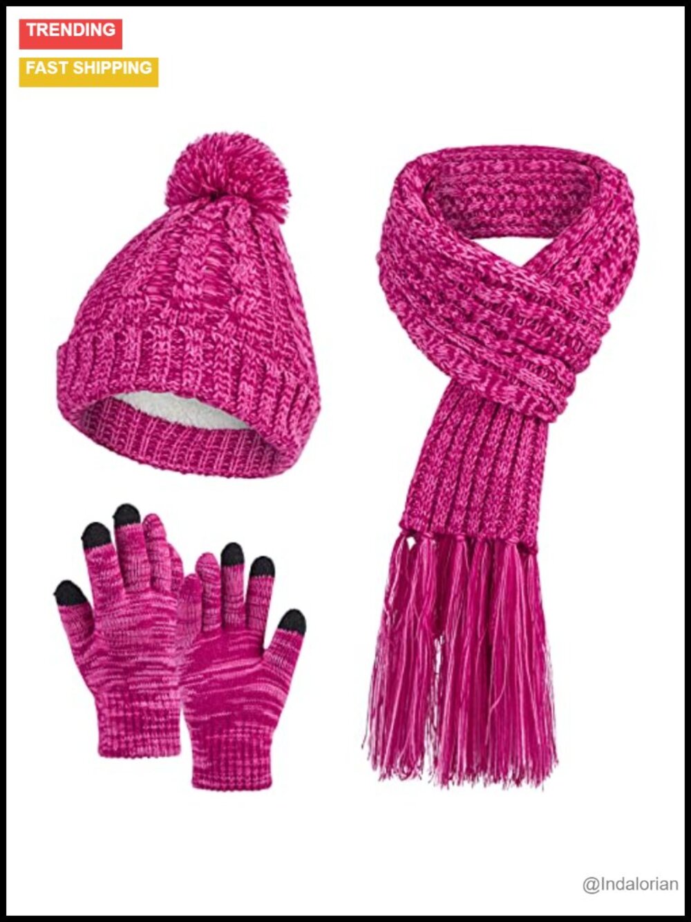 3 in 1 Knit Winter Hat Scarf Glove Set Touch Screen Fleece Lined Pom Pom Beanie